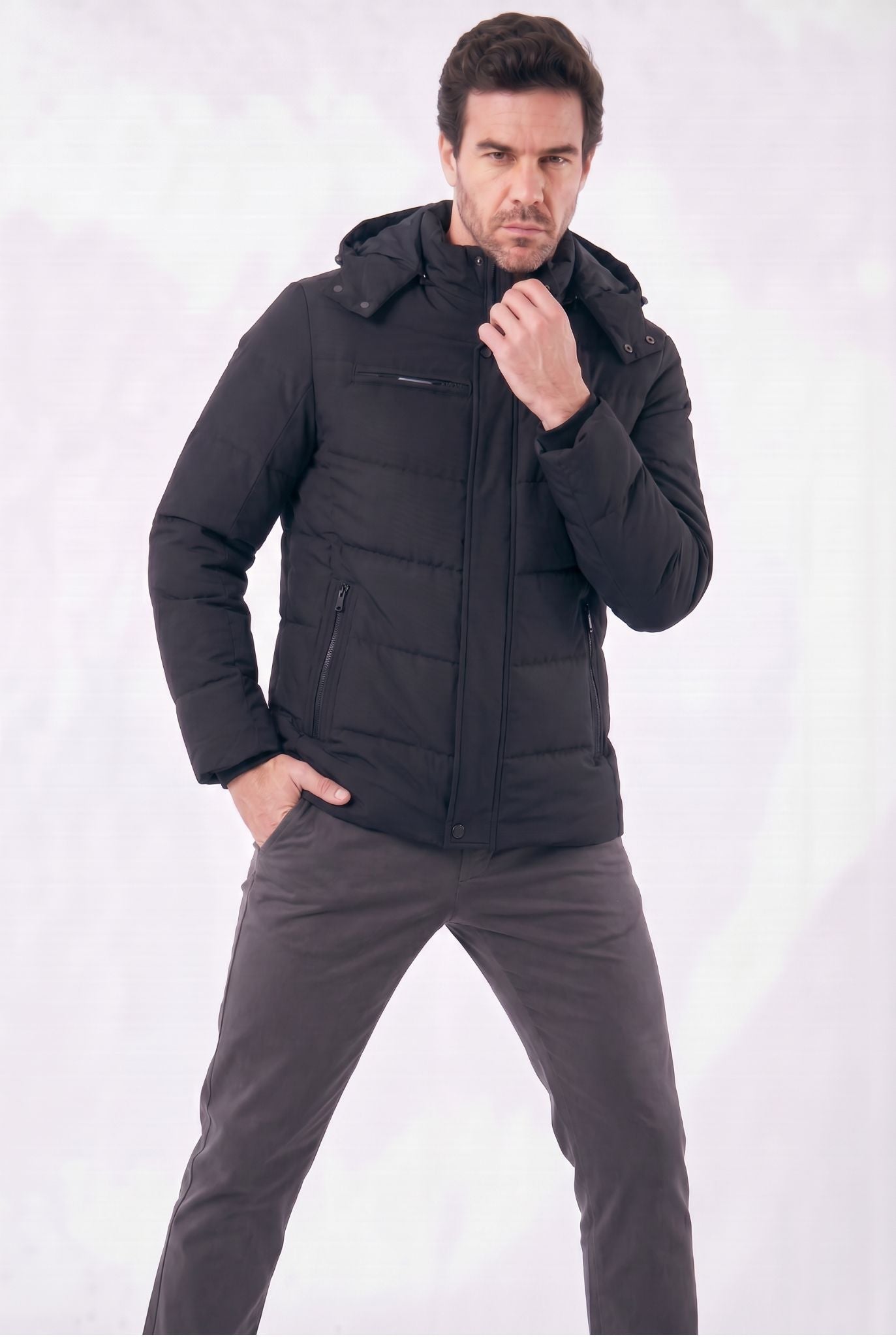 Jaqueta Masculina Puffer com Forro de Lã e Capuz Removível